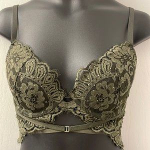 La Senza Diva lace underwire padded olive green bra sides drop Sz 32C